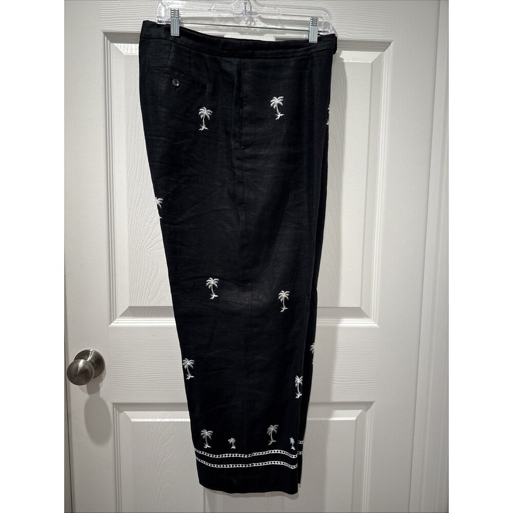 Paraphrase Palm Trees Embroidered Wide Cropped Black Linen Boho Women's 14